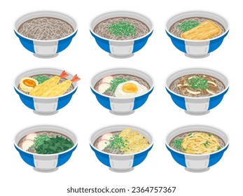 Illustration set of warm soba noodles in a bowl.