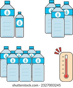 Conjunto de agua de ilustración en una botella de plástico y un termómetro