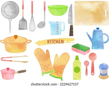 conjunto de ilustraciones de acuarela de necesidades diarias hechas a mano -suministros de cocina