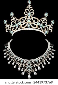 Illustration of a set of wedding jewelry tiara and necklace with precious stones