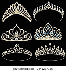 Conjunto de ilustración de tiaras de boda, coronas con piedras preciosas