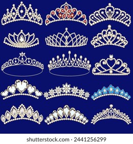 Illustration set of wedding tiaras, crowns with precious stones