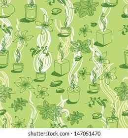 Illustration set with wellness and spa motives. candles, bottles with massage oil, mint, jasmine flower. 
