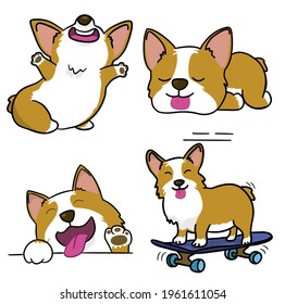 Illustration set of welsh corgi on isolated white background. Vector hand draw character of smile cute pet dog cartoon style. Fun graphic collection.