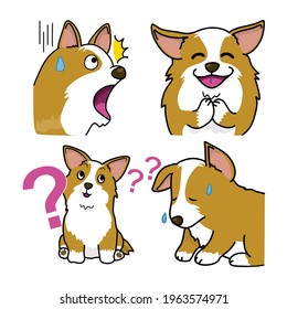 Illustration set of welsh corgi on isolated white background. Vector hand draw character of smile cute pet dog cartoon style. Fun graphic collection.