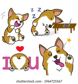 Illustration set of welsh corgi on isolated white background. Vector hand draw character of smile cute pet dog cartoon style. Fun graphic collection.