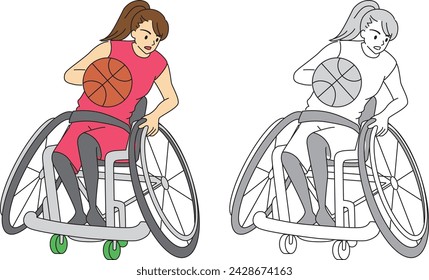 Conjunto de ilustración de baloncesto en silla de ruedas (jugador femenino)