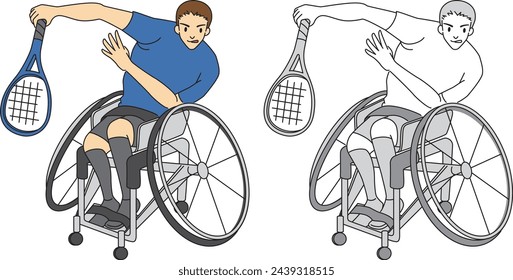 Illustration set of wheelchair tennis (male player)