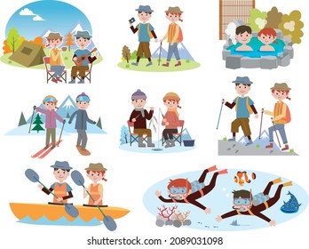 Illustration set where a couple of men and women are enjoying various leisure activities

