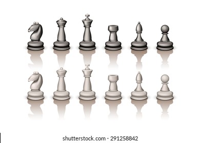 illustration of set of white and black figures for chess on white with reflection