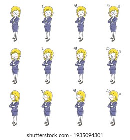 Illustration set of a white business woman with her arms folded.