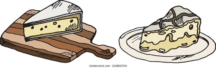 Illustration of a set of white cheeses on a white background. Cheese hard and processed, cheese on a cutting board and on a plate, goat cheese, brie, ready to use, eps. For your design