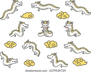 Illustration set of white dragons and golden clouds with outline