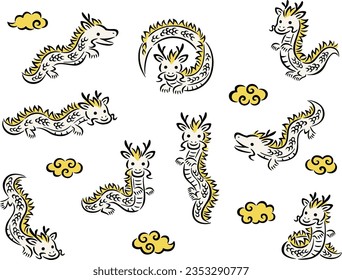 Illustration set of white dragons in various poses and golden clouds