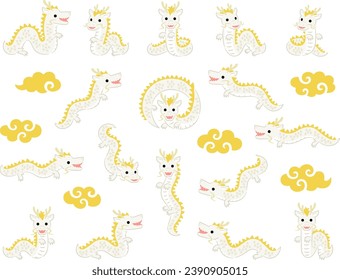 Illustration set of white dragons in various poses and golden clouds
