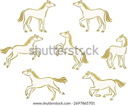 Illustration set of white horses with hand drawn style golden brushstroke line