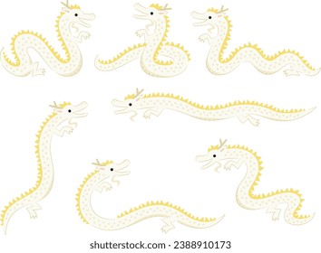 Illustration set of white long dragons in various poses