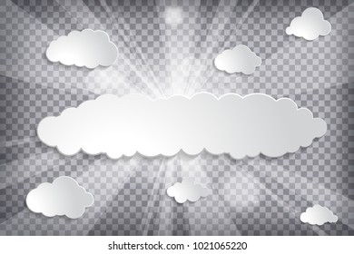 illustration set of white paper clouds with sun and rays  on a chequered background 