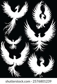 illustration with set of white phoenixes isolated on black background