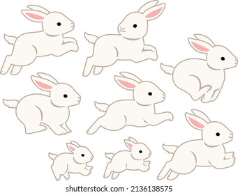 Illustration set of white rabbits running to the right