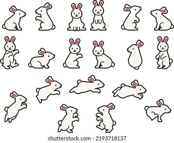 
Illustration set of white rabbits in various poses with outlines (sitting, standing up, running, jumping, dancing)