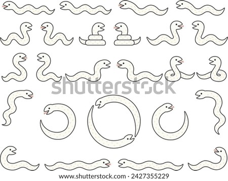 Illustration set of white snakes in various poses with outlines