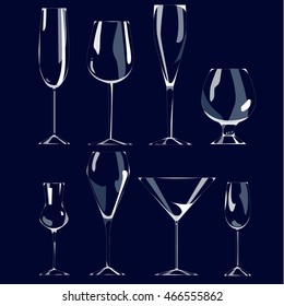 Illustration Set Of White Thin Elegant Goblets Glass Flute For Wine Champagne Liquor Cognac Martini Alcoholic Beverages Set Isolated On Dark Blue Background, Vector Eps 10