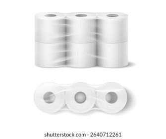 Illustration of a set of white toilet paper rolls in plastic packaging. Realistic style with a clean, minimalistic look. Useful for hygiene product advertisements.