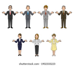 Illustration set of the whole body of a businessman and a business woman who spread both hands