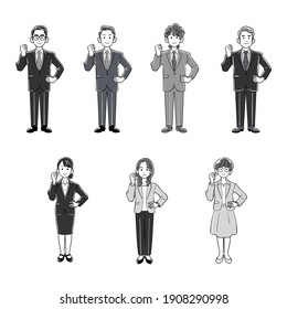 Illustration set of the whole body of a businessman and a business woman who pose guts