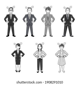 Illustration set of the whole body of a businessman and a business woman who get angry with their hands on their hips
