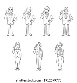 Illustration set of the whole body of a businessman and a business woman explaining with the index finger raised