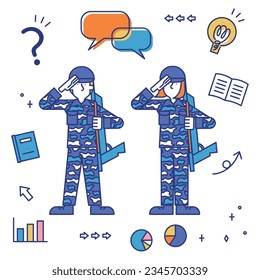 It is an illustration of a set (whole body) of men and women who are engaged in the Self-Defense Forces.