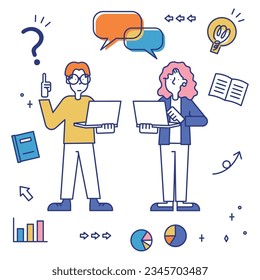 It is an illustration of a set (whole body) of men and women engaged in the IT industry.