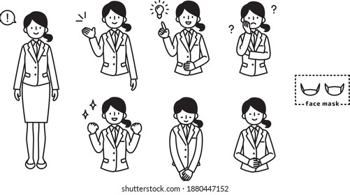 
Illustration set of the whole body of a woman in a suit and the upper body of various facial expressions and gestures