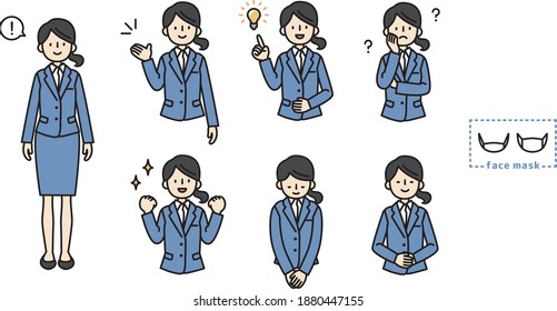 
Illustration set of the whole body of a woman in a suit and the upper body of various facial expressions and gestures