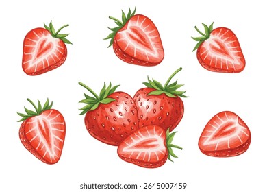 ilustração conjunto de morangos inteiros e fatiados. Fresco, suculento e vibrante-perfeito para embalagens de alimentos, livros de receitas, decoração de verão, arte de cozinha, ou marca de produtos orgânicos.