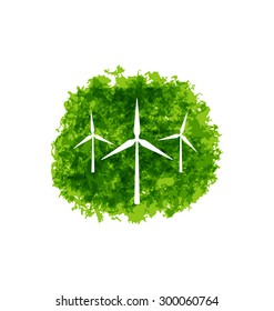 Illustration Set Wind Turbines on Grunge Green Background - Vector