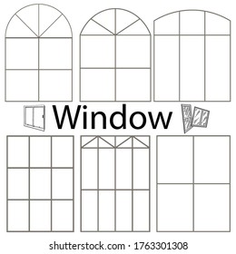 Conjunto de ilustraciones de siluetas de ventana de varios cortes y formas sobre un fondo blanco