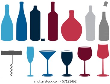 Illustration set of wine and liquor bottles, glasses and corkscrew. All objects and details are isolated and grouped. Colors and transparent background color are easy to customize.