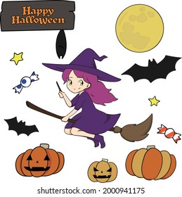 Illustration set of a witch straddling a broom that can be used for Halloween (pumpkin, bat)