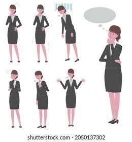 Illustration set of a woman in a black suit who thinks and reacts negatively