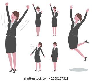 Illustration Set Of A Woman In A Black Suit Who Stretches, Jumps, Takes A Deep Breath, And Makes A Guts Pose