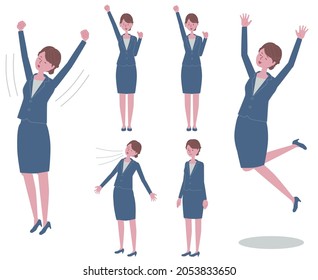 Illustration Set Of A Woman In A Blue Suit Who Stretches, Jumps, Takes A Deep Breath, And Makes A Guts Pose