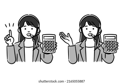 It is a ｍonochrome illustration set of a woman in a call center who explains with a calculator.Vector data that is easy to edit.
