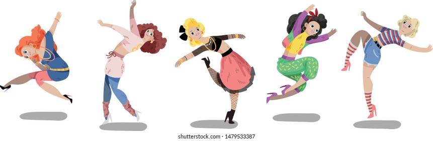 illustration set of woman contemporary dancer moving around with 80s fashion costume 