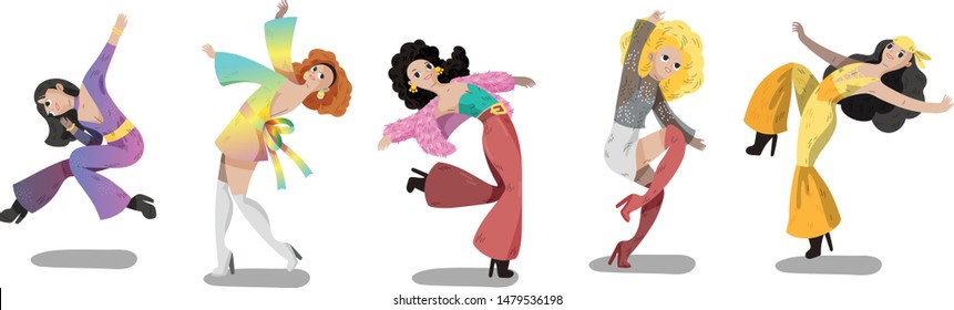 Illustration Set Of Woman Contemporary Dancer Moving Around With 70s Disco Era Fashion Costume 