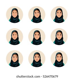 Illustration set of  woman facial expression. Arab girl with cute face. Avatar icon. Muslim people.