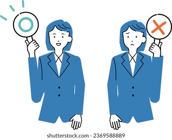 Illustration set of woman holding circle and x placards.The background is transparent.