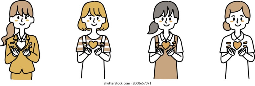 Illustration set of a woman holding a heart in her hand